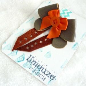 Punched Leather +Vinyl Abstract Butterfly Brooch Orange Bow Handmade by Limouze